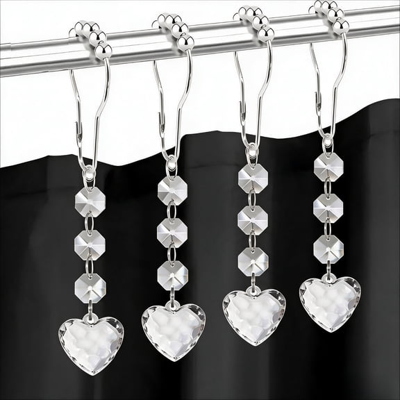 12 Pack Stainless Steel Shower Curtain Hooks Rust Proof Clear Crystal Heart Pendant Decorative Shower Curtain Rings, Anti-Rust Metal Curtain Hook Rings with Gemstone Bead for Bathroom Shower Curtain