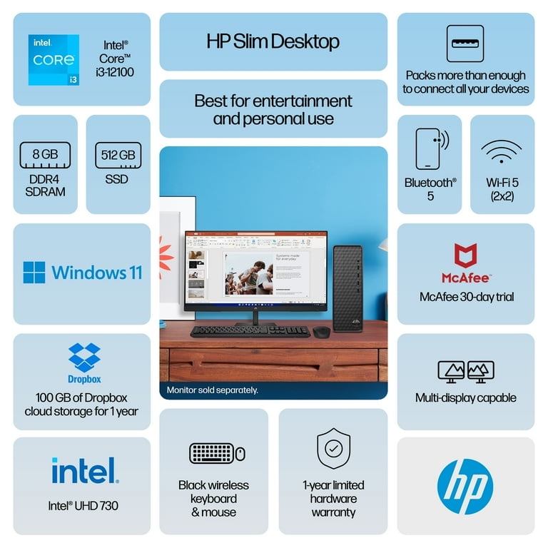 HP Slim Desktop PC, Intel Core i3-12100, 8GB RAM, 512GB SSD, Dark