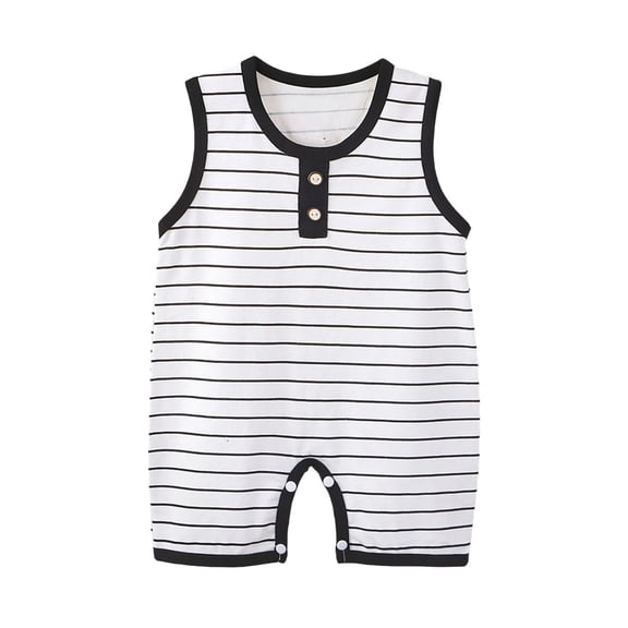 Fengactive Unisex 0-18M Baby Sleeveless Short Romper Stripe Contrast Button Henley Neck Breathable Cotton Summer Infant Tank Bodysuit Onesie