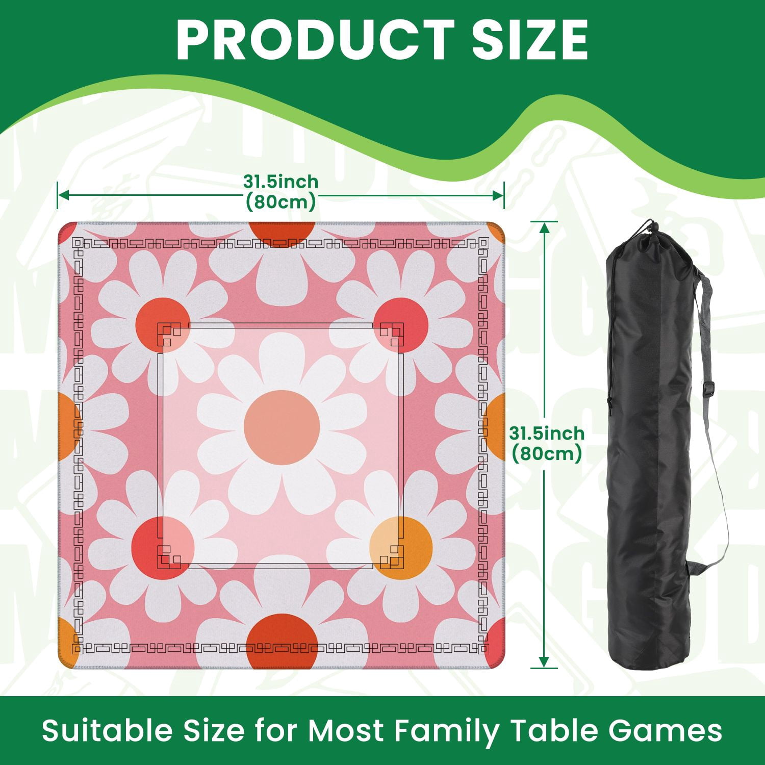 Mahjong Mat 31.5" x 31.5" Colorful Daisy Flower Pink Non-Slip Noise Reduction American Mahjong Tiles Table Cover for Dominoes Poker Card Board Games Gift