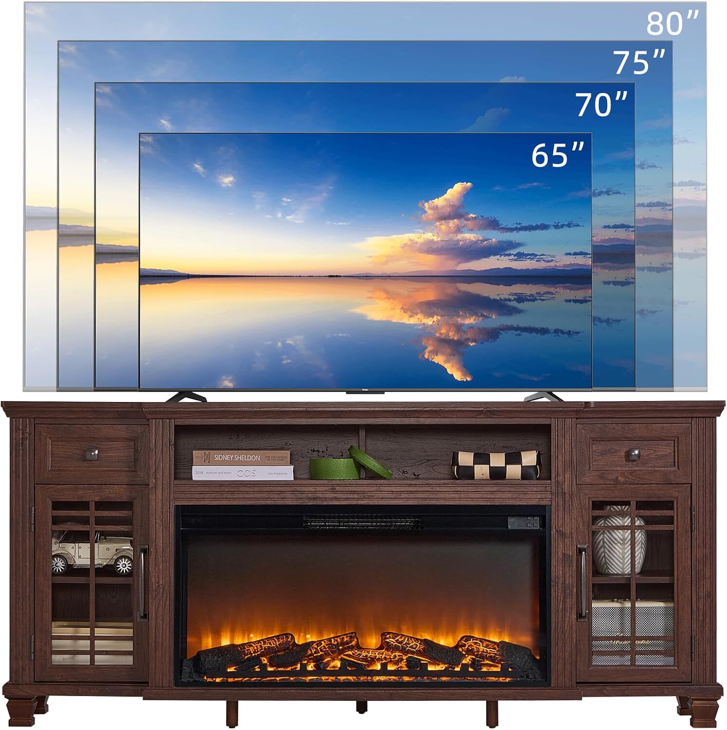70" Fireplace TV Stand, Up to 80 inch, Entertainment Center with Electric Fireplace, Storage Cabinets, Open Shelves and Drawers, Media Console for Living Room, Walnut