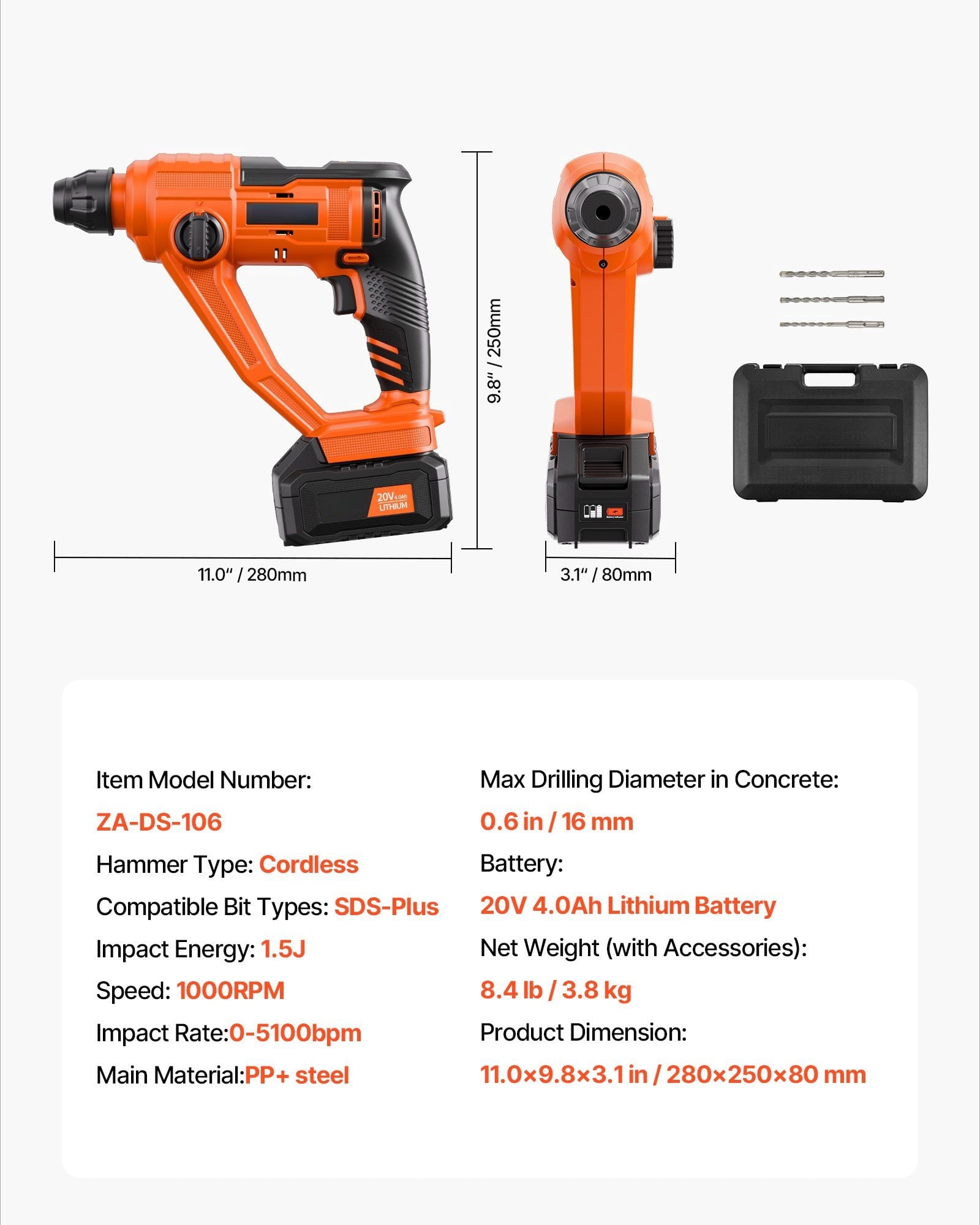 20V Cordless SDS-Plus Rotary Hammer Drill Kit (0-1000 RPM) with 2 Functions (Hammer & Drill), 0.6 Inch Capacity, Includes Battery, Charger & Carry Case