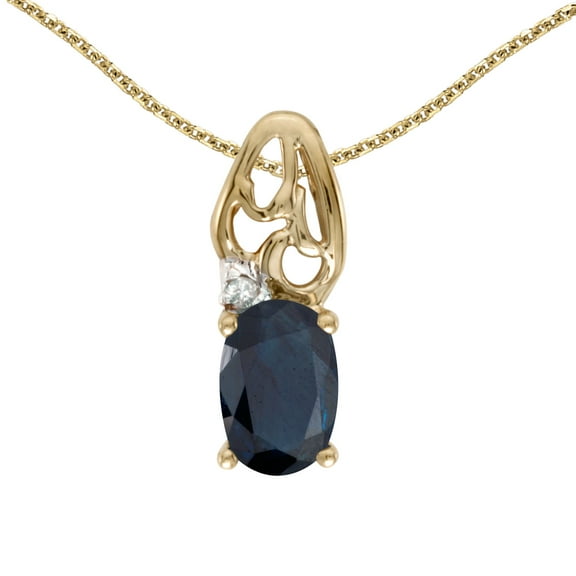 10k Yellow Gold Oval Sapphire And Diamond Pendant with 16" Chain