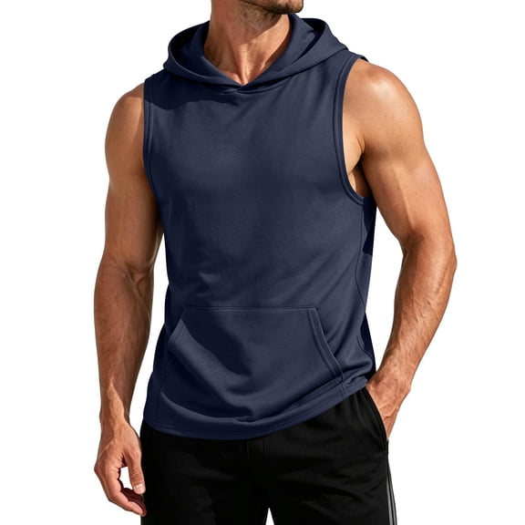 GrmtClth Mens Hooded Sleeveless Tank Top Casual Gym Workout Shirt with Hood & Kangaroo Pocket Lightweight Breathable Fitness Tops Navy 2XL