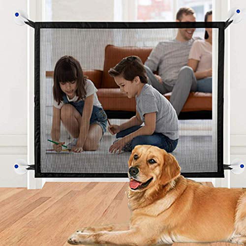 Baby Pet Safety Stair Gate Child Relocatable Safety Gates OZZlOR Magic Gate for Dogs Black，110*72cm Portable Folding Door Mesh Magic Gate Fence Isolated Indoor and Outdoor with 4 Adhesive Hooks