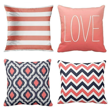 Navy And Coral Decor SUFAM Set of 4 Pillow Cases Coral and Navy Retro Nautical Stripes Decorlution Pink Cute Zigzag Throw Pillowcase Cover Cushion Case Home Decor 16x16 inch ()