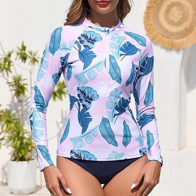 Trajes de baño Amzcrzy Tankini para mujer, bikini para mujer, moderno, conservador, con cremallera, manga larga, pantalones cortos, conjunto de traje de baño dividido, azul, S