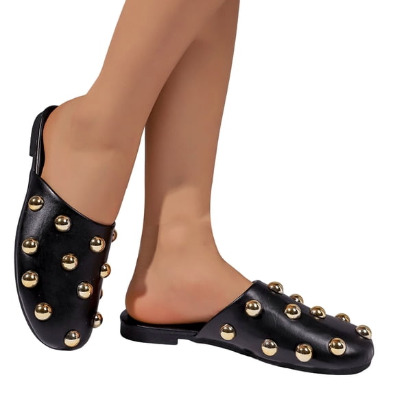 Rokment Metallic Gold Studded Mules Backless Dressy Sandals for Women Ladies Fashion Punk Casual Leather Closed Toe Low Heels Dress Slip on Open Back Flat Slippers Black Size 5.5