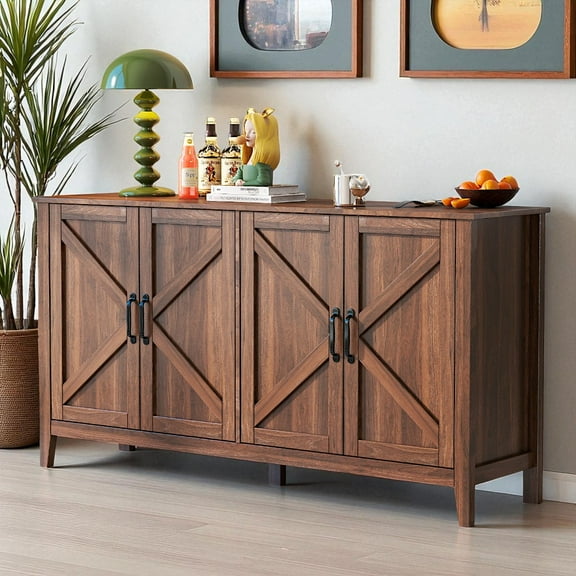 GZXS Farmhouse Sideboard Buffet Cabinet with 4 Doors & Adjustable Shelves, Perfect for Living Room, Bedroom, Office, Entryway - 59.06"L x 15.75"W x 31.5"H, Walnut