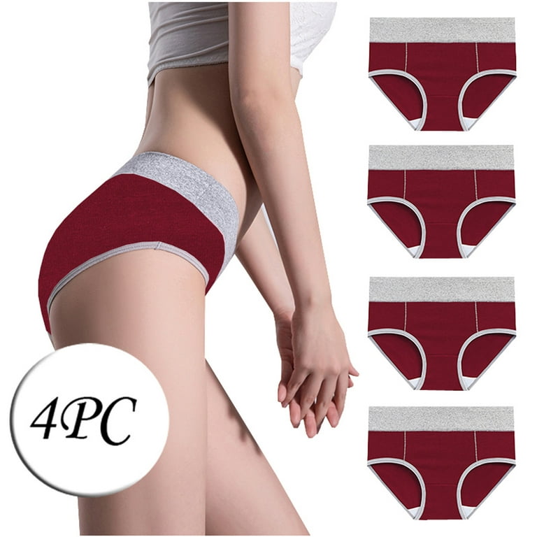 Efsteb 4 Pack Womens Underwear Cotton Solid Color Patchwork Briefs  Underwear Knickers Panties Briefs Breathable Comfortable Lingerie Wine