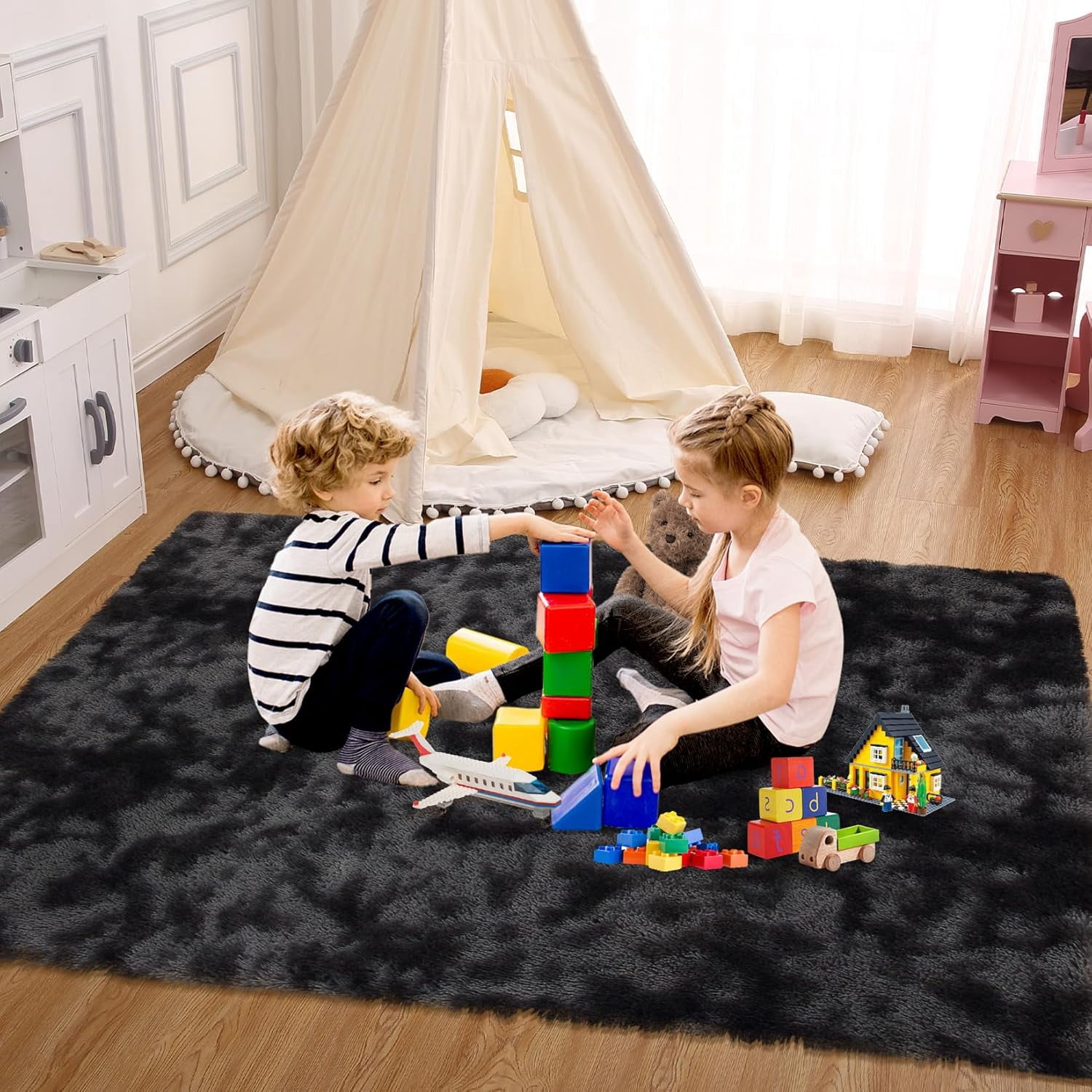 Memoryfield 5' x 8' Area Rug, Tie-Dye Plush Non-Skid Rug, for Bedroom Living Room Nursery, Black Gray