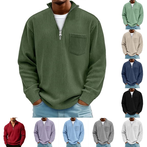 Mens Corduroy Quarter Zipper Sweater Pullovers Stand Collared Pullover Tops with Pocket for Work Everyday