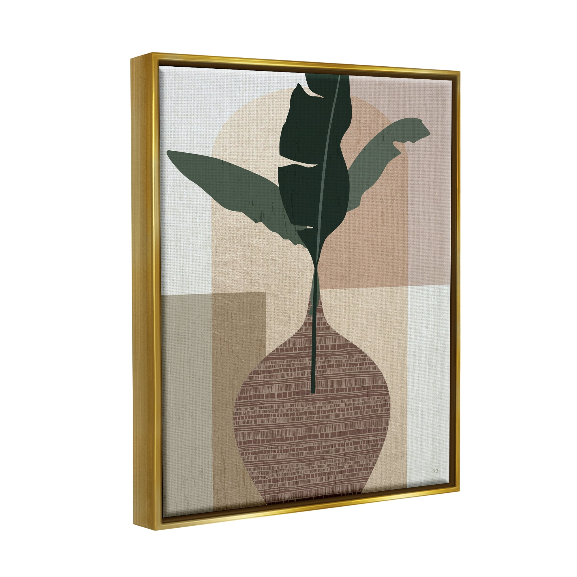 Stupell Industries Earth Tones Plant Sprig Botanical & Floral Painting Gold Floater Framed Canvas Art Print Wall Art, 17 x 21