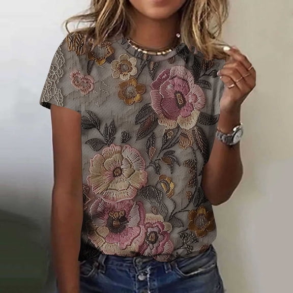 Blmnix Pullover Women Blouses Summer Cotton Vintage Top Short Sleeve Brown Crew Neck Shirts for Women Trendy,L