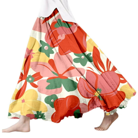 LUOGENLI Skirt Women's Summer Printed Linen Wrap Skirt Elastic Waist A Line Boho Beach Skirt Flowy Long Maxi Skirt for Vacation Maxi Skirt with Shorts and Pockets Maxi Skirts for Women 2025 Yellow XL