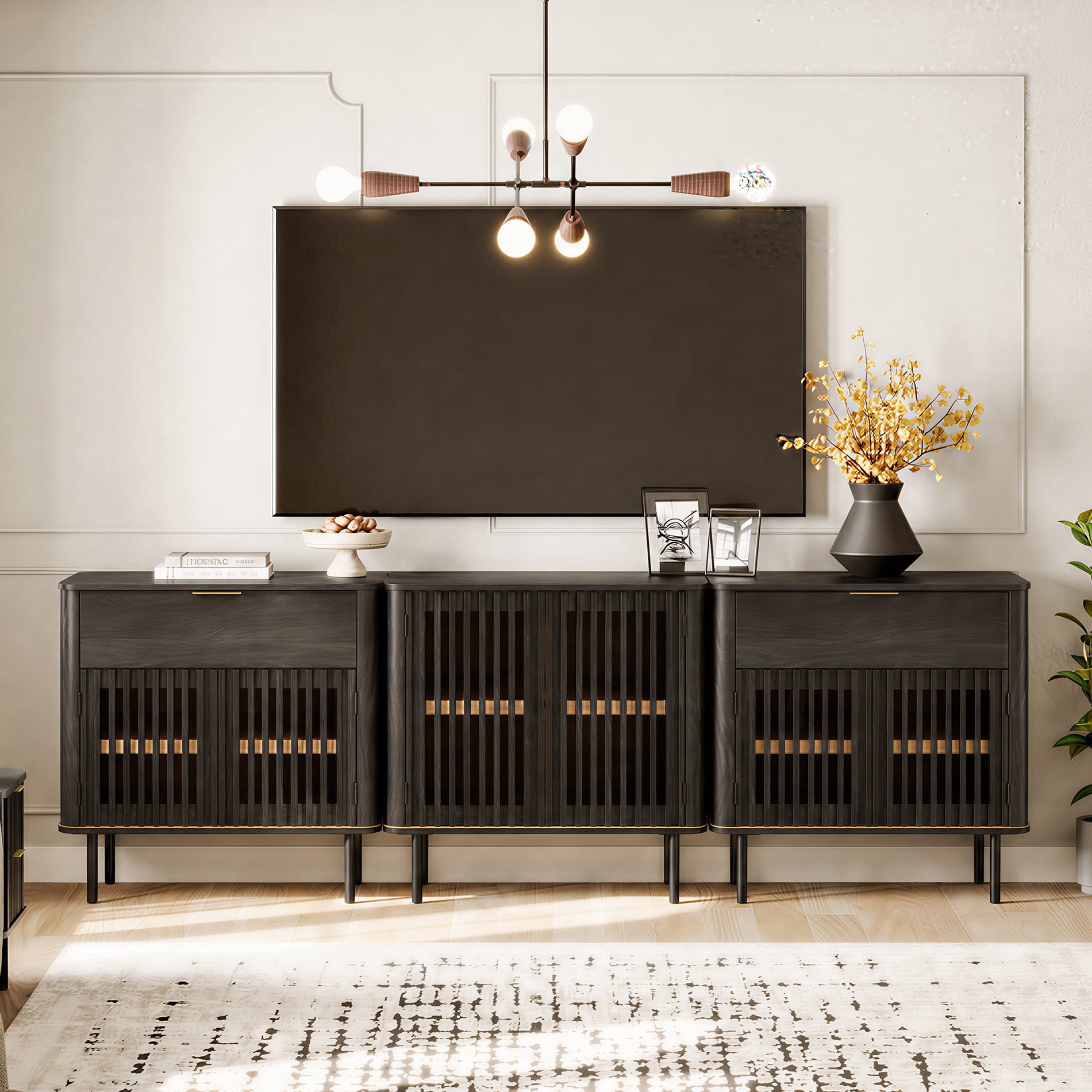 94.5 Inch Large Fluted Buffet Cabinet Sideboard with Storage,Wood Modern Accent Coffee Bar Console Table, Black