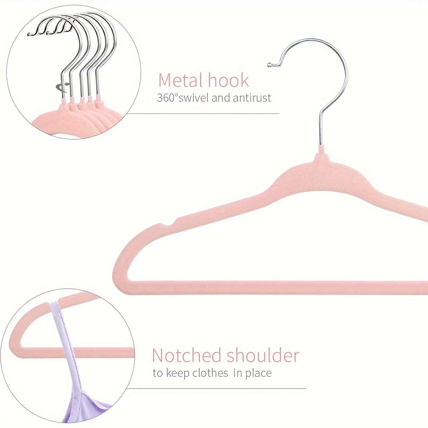 EasyPAG Velvet Hangers 50 Pack for Babies, Non-Slip Clothes Hangers, Suit Hangers with Shoulder Notches, Pants Bar, 360° Swivel Hook, Space-Saving, for Closet, Pink