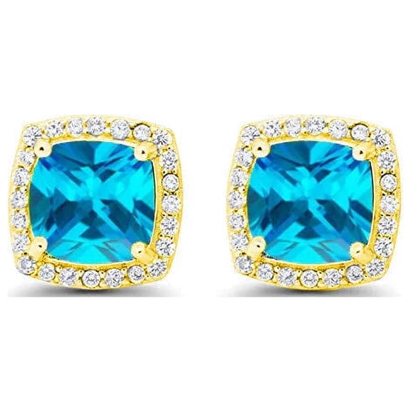 Bonjour Jewelers 18k Yellow Gold Plated 1/4 Ct Created Halo Princess Cut Blue Topaz Stud Earrings 4mm