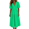 thumbnail image 5 of Erwazi Summer Dresses for Women Solid V Neck Puff Dress Waist Cinched Back Zipper Trendy Casual Style Daily Outdoor Activities Dresses, 5 of 7