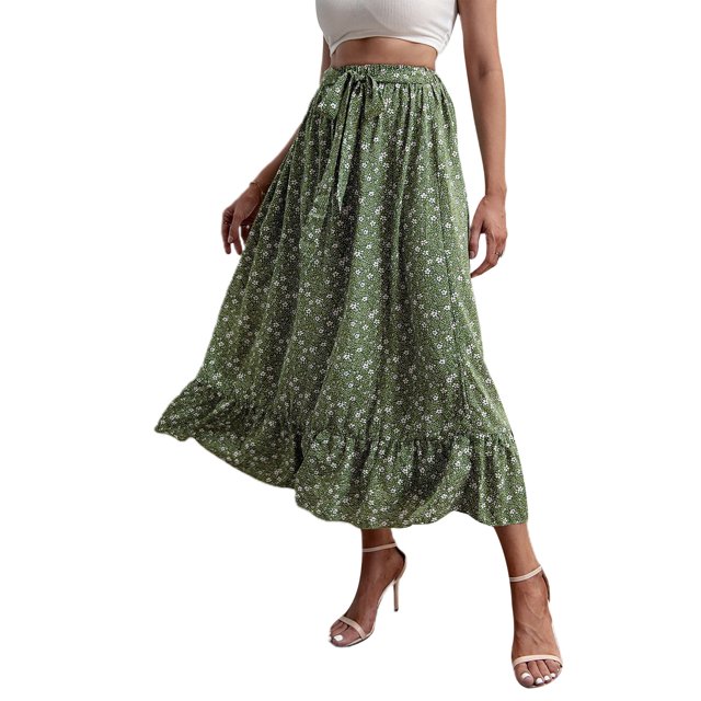 Txlixc, vestido Floral de verano para mujer, cintura alta, bohemio, fluido, falda oscilante, informal, línea A, cintura elástica, lazo, volante, longitud media, vestido de playa Txlixc Casual