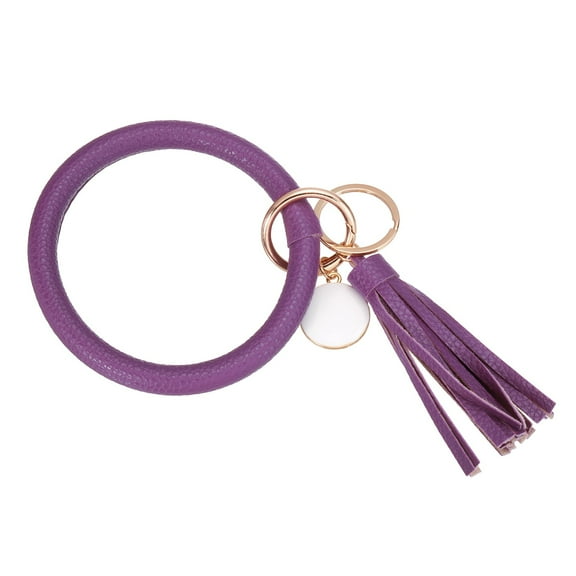 Uxcell PU Leather Circle Wristlet Keychain, Tassel with Pendant Round Bangle Keyring Bracelet Wristlet Holder Keychains for Women Car Key Accessories- 1 PCS (Purple)
