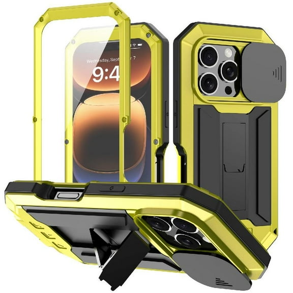 Metal Stand Phone Case for iphone 16 Pro 360 Full Body Protective Cover Heavy Duty Shockproof Built In Camera Kickstand Glass Screen Protector