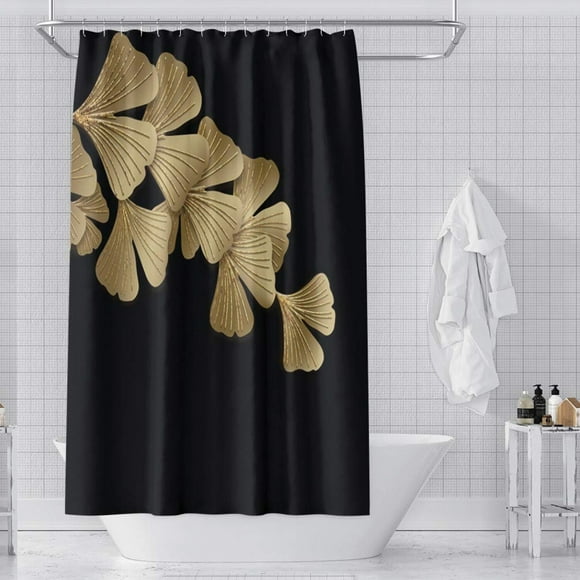 Golden Ginkgo Elegance: Luxury Botanical Shower Curtain - Modern Black & Yellow Fabric for Stylish Bathroom Decor (60x72 inch)