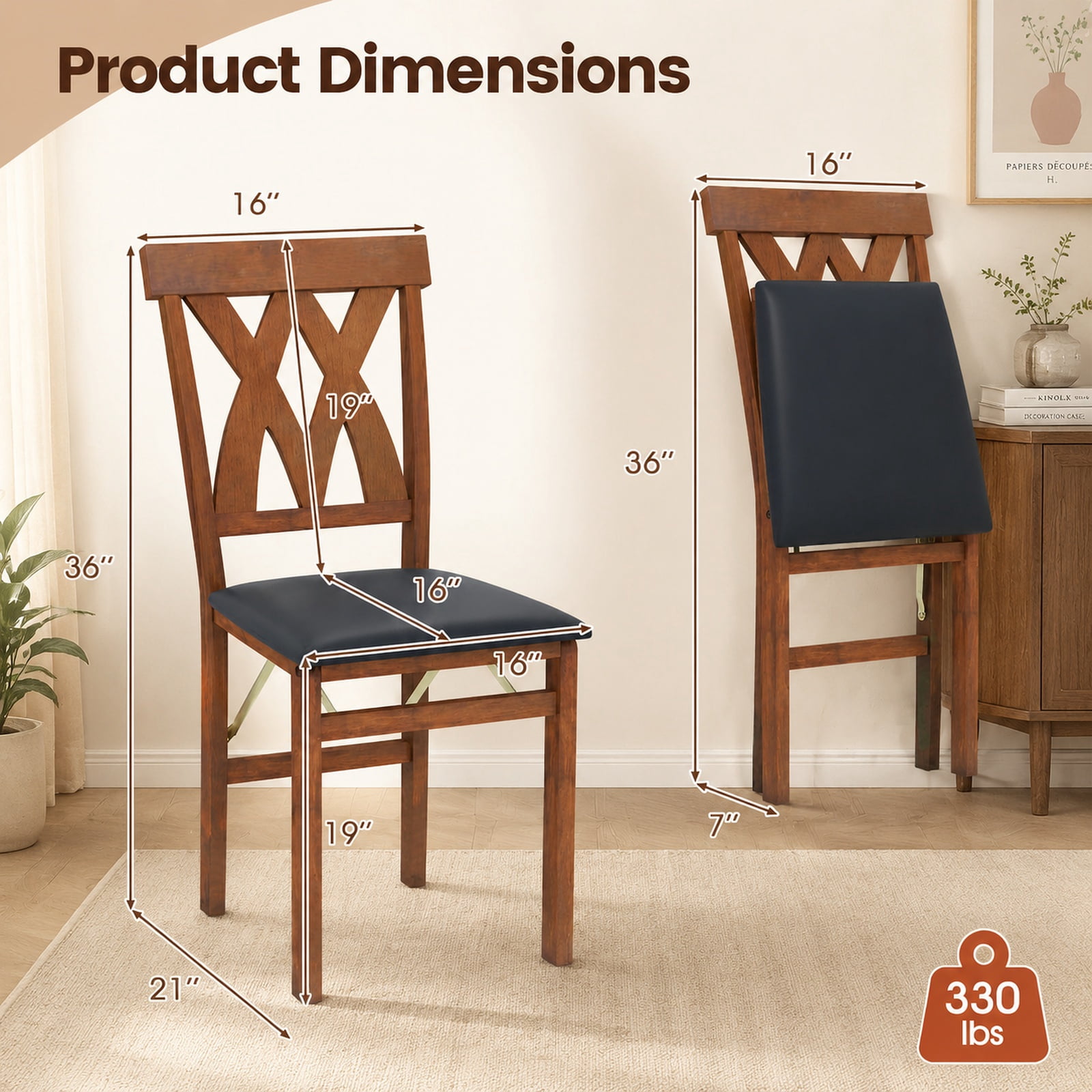 Furnibear Folding Wooden Dining Chairs Set of 2 Faux Leather Upholstered Armless Kitchen Chairs for Small Rooms Apartment, Walnut
