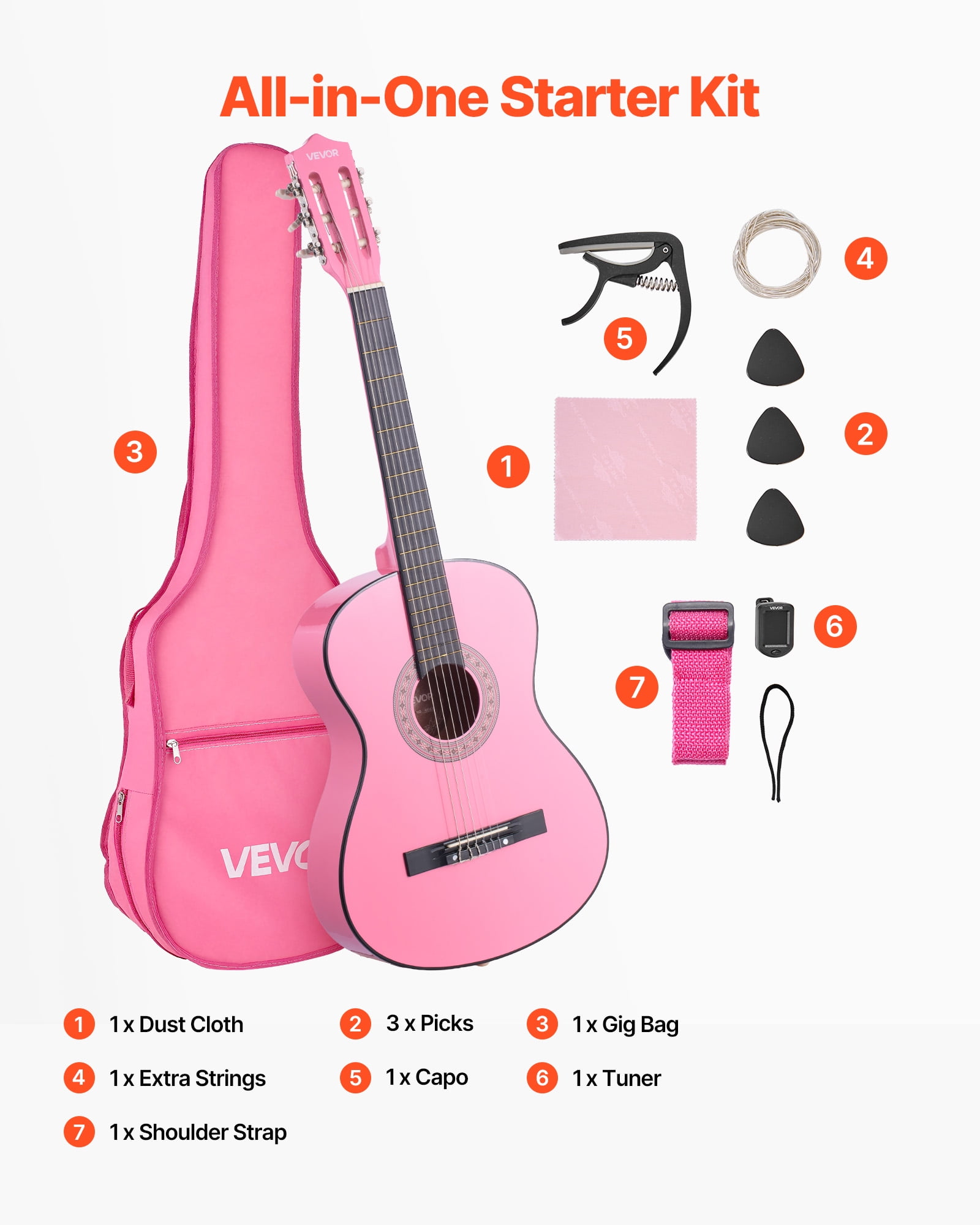 VEVOR 38in Classical Guitar, Wood Guitar Starter Kit for Beginners, with Nylon Strings, Gig Bag, Strap, Tuner, Extra Strings, Picks, Capo, Basswood, for Teenagers Adults Students, Pink