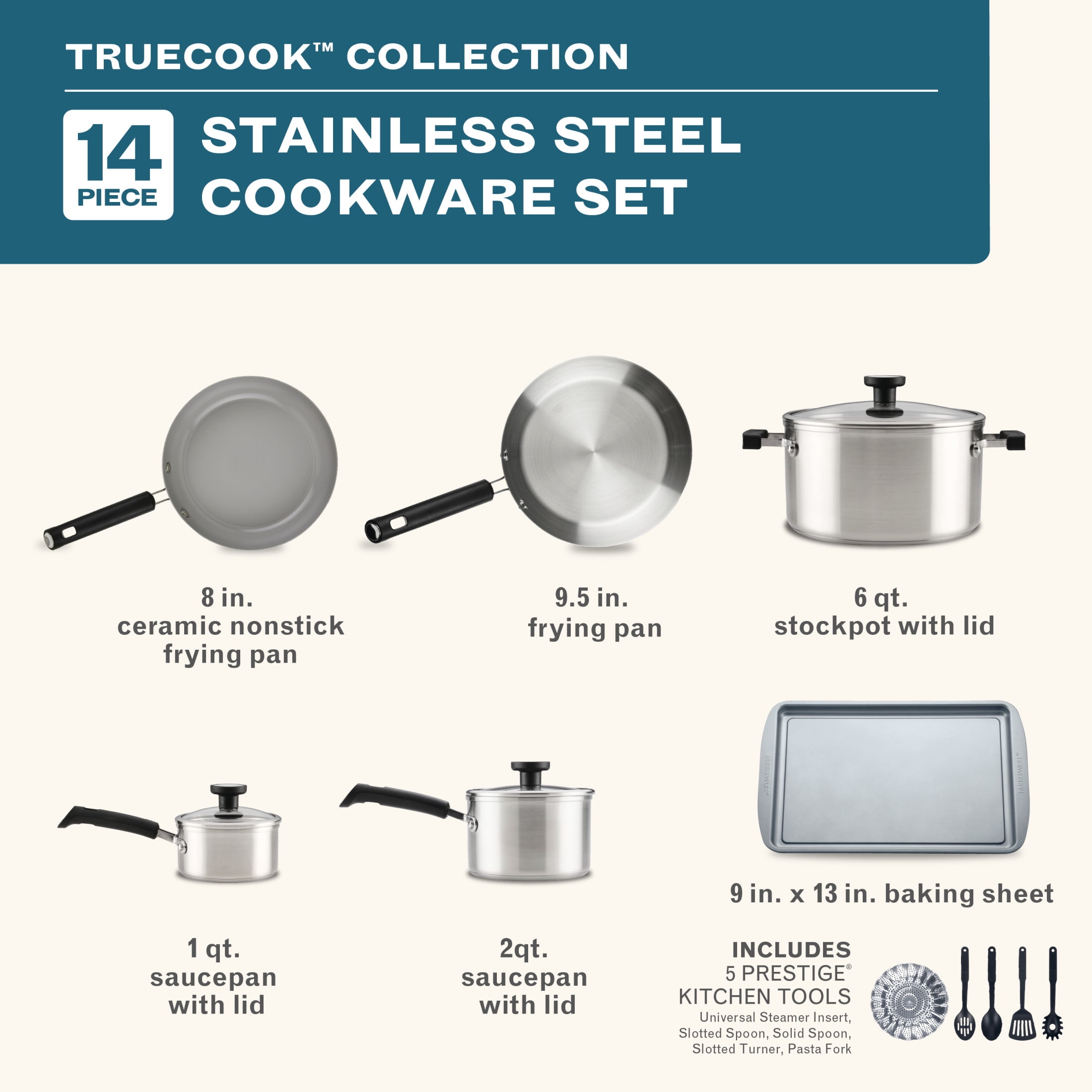 Farberware TrueCook 14-Piece Cookware Set, Stainless Steel, Dishwasher Safe, Induction Safe