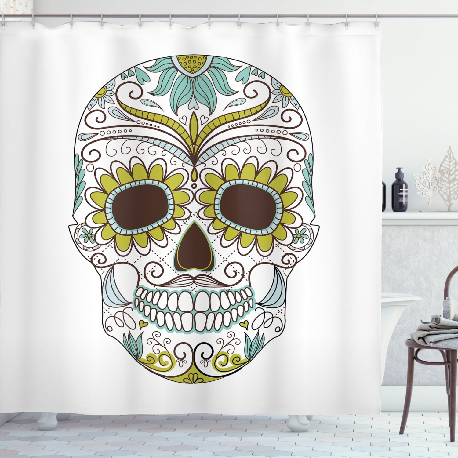 Polyester Fabric Day of the Dead Sugar Skull Shower Curtain Liner Bath Mat Hooks 