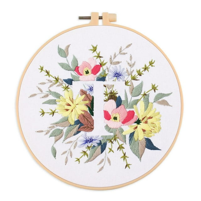 EastVita Embroidery Starter Kit for Beginners, Stamped Cross Stitch Kit with Floral Letter Pattern, DIY Embroidery Kit with Embroidery Cloth Hoops Instructions Needles Threads