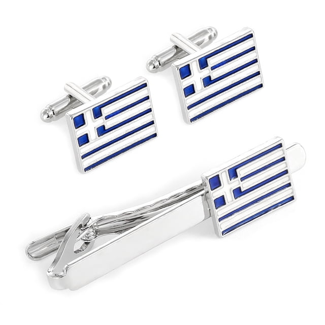 Set de gemelos y broches para corbatas con bandera griega para hombre, chapado en plata