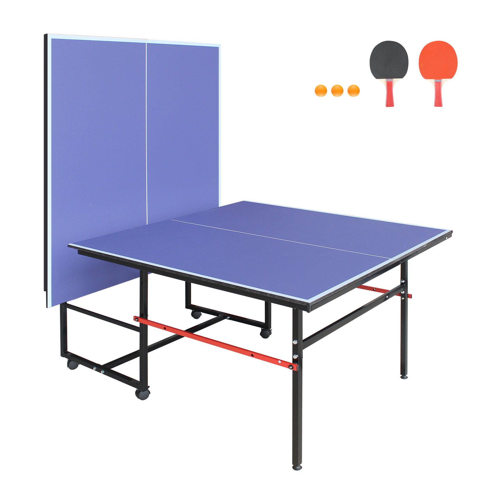 8ft Mid-Size Table Tennis Table Foldable & Portable Ping Pong Table Set for Indoor Games with Net, 2 Table Tennis Paddles and 3 Balls