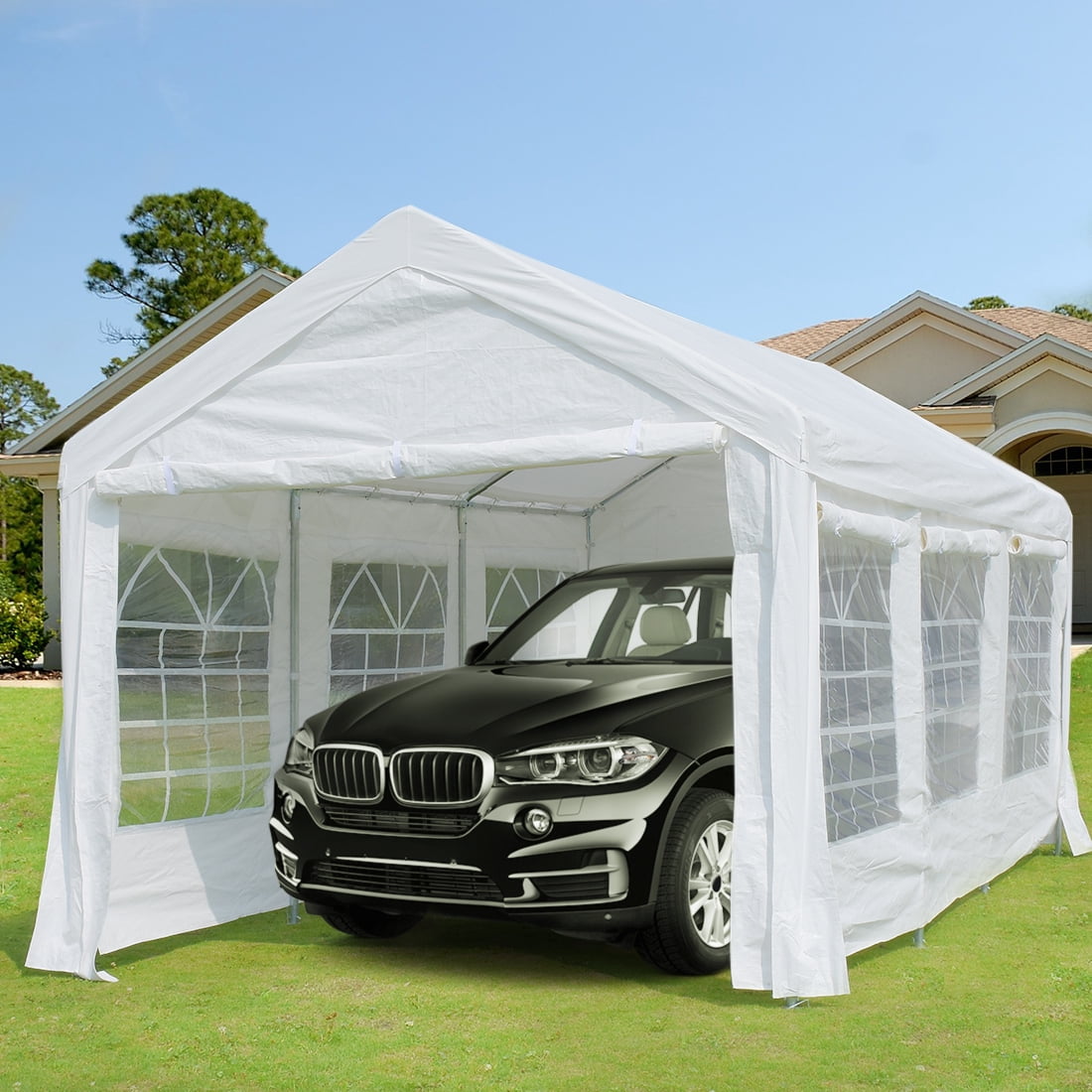 10 X 20 Ft Heavy Duty Carport Car Canopy Garage Shelter Tent With Removable Window Sidewalls And Doors White Walmart Com Walmart Com
