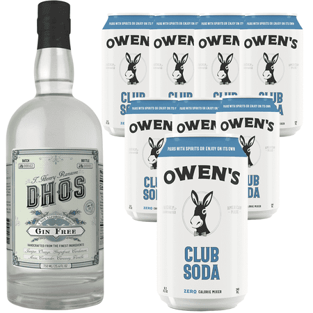 Dhōs Handcrafted Non-Alcoholic Gin 750 ML Bottles w Pack Owen’s Mixers Club Soda 8.2 OZ Cans - Perfect for Mocktails - A