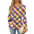 thumbnail image 2 of Mardi Gras Shirts Womens Feathers Print Carnival Crew Neck Tunic Tops Mask Print Long Sleeve Gold Graphic Tee Purple 2XL, 2 of 5