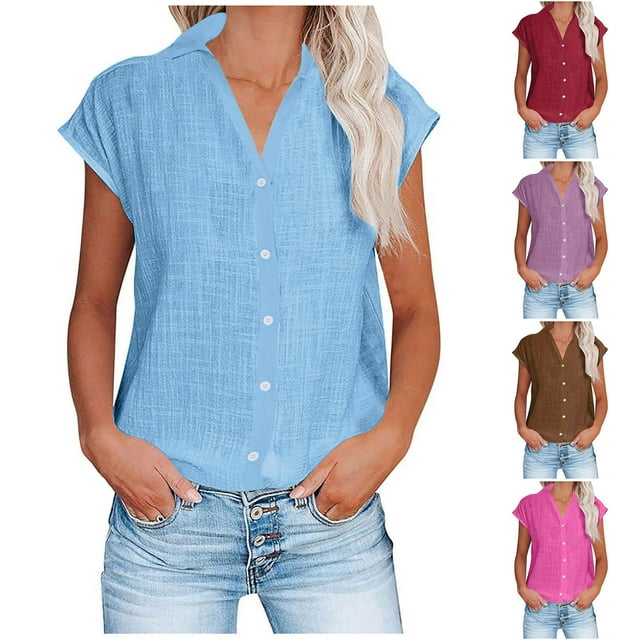 QIPOPIQ Womens Casual Short Sleeve Button Down Shirts V Neck Collared Shirt Tops Blouses with Pockets Clearance