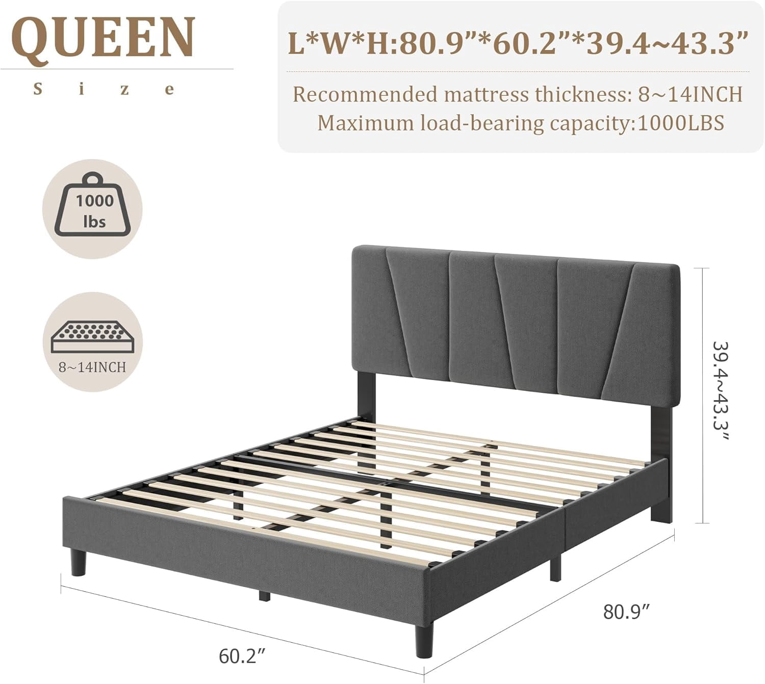Queen Size Bed Frame with Adjustable Headboard, Linen Upholstered Queen Platform Bedframe with Strong Wooden Slats, Mattress Foundation, No Box Spring Needed, Easy Assembly