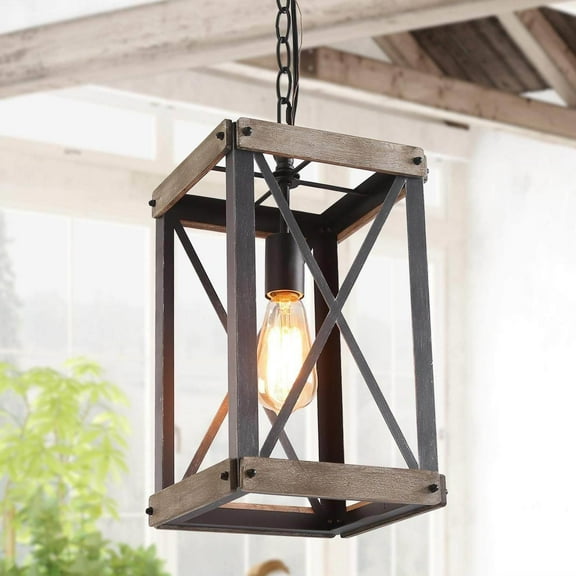 LNC 1-Light Square Farmhouse Wood Pendant Lighting Fixture with Silver Antique Wood Finish