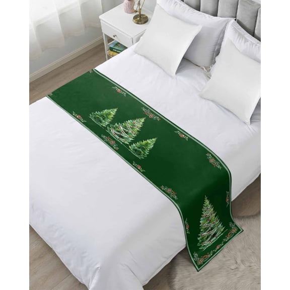 Bed Runner Scarf Cal King Size, Green Christmas Tree Stain Bed Runners & Scarves for Foot of Beds, Snowflake Xmas Botanical Berry Decorative Bedding Runner Scarf for Hotel Home Bedroom