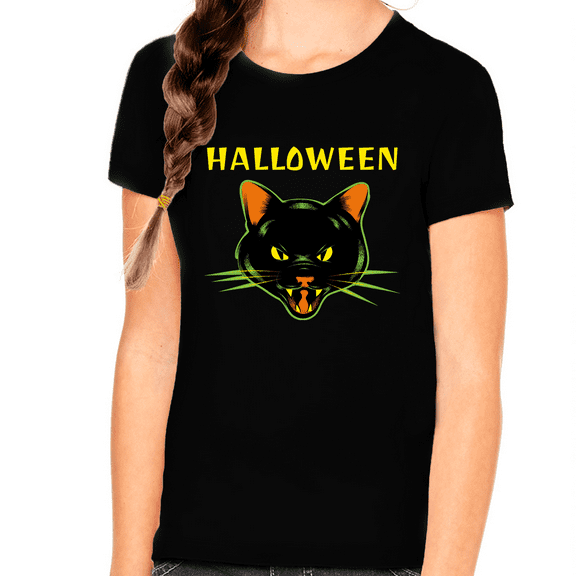 Black Cat Girls Halloween Shirt Kids Black Cat Shirt Halloween Shirts for Girls Kids Halloween Shirt