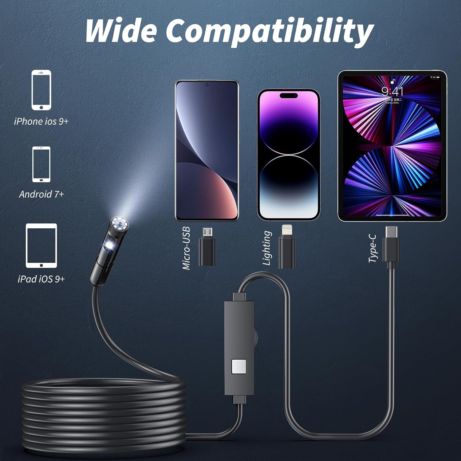 Dual-Lens Endoscope Camera with Light, 1920P HD Borescope Tools with 8 Adjustable LED Lights, Endoscope with 16.4ft Semi-Rigid Snake Camera, 8mm IP67 Waterproof Inspection Camera for iOS and Android