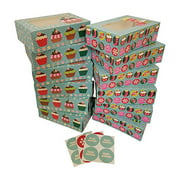 Christmas Cookie gift boxes; rectangular with clear window; colorful paperboard with holiday designs; set of 12 with 12 stickers for sealing (Blue Cupcake)