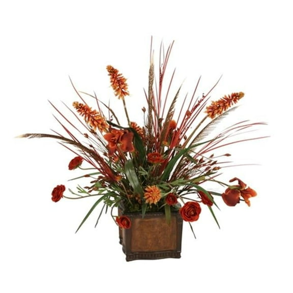 Distinctive Designs International 9105 Silk Rust Iris- Ranunculus And Red Hot Poker With Dried Grasses In A Chateau Planter