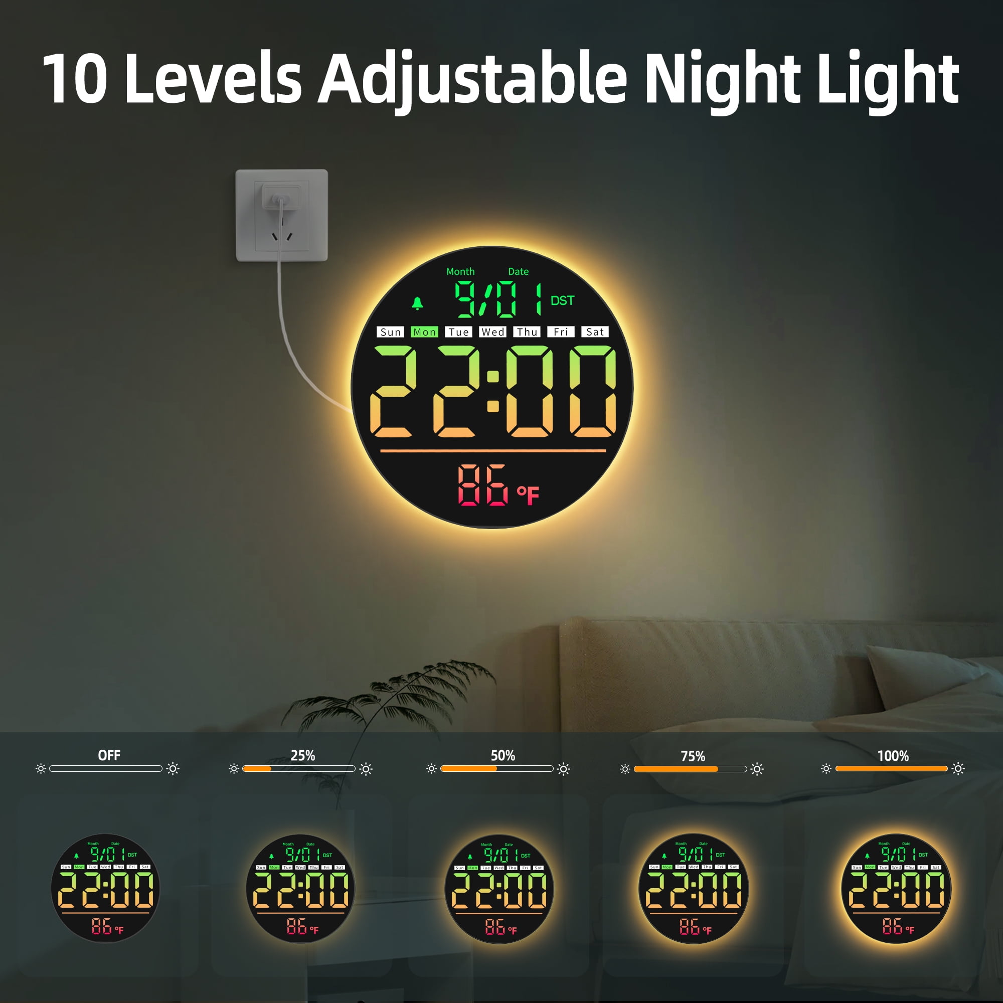 LEIKE 8" LED Large Digital Wall Clock Large Numbers, Plug-in Digital Alarm Clock with Remote for Bedroom, Auto DST, Temperature & Humidity
