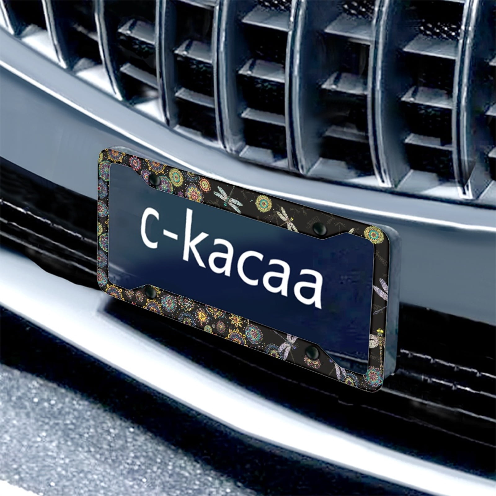 Renewold Bohemian Flower Dragonfly Car License Plates Frame Aluminum Vanity Tag Frame Accessories with Screws, License Plate Holder Set of 2