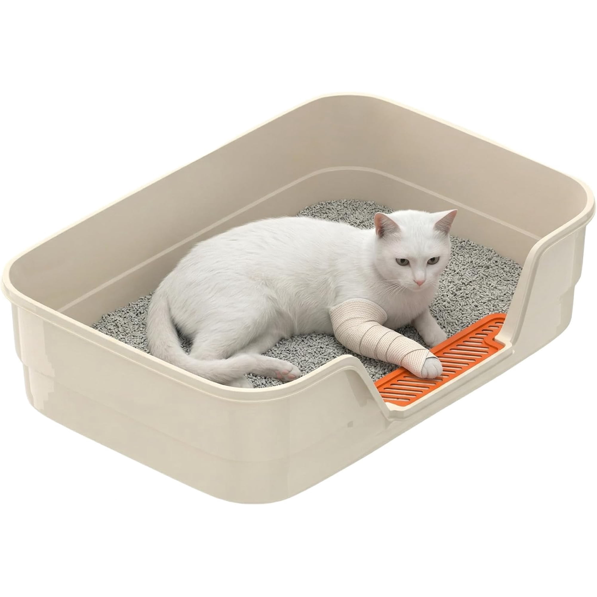Extra Large Low Entry Litter Box with High Sides for Senior Cats and Kittens White