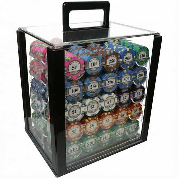 CGS Monte Carlo Poker Club 1000-Piece Micro Stakes Poker Chip Set with Acrylic Carrier, 10 Racks, Mixed Denominations for Casino Games - Heavy 14 Gram Clay Composite