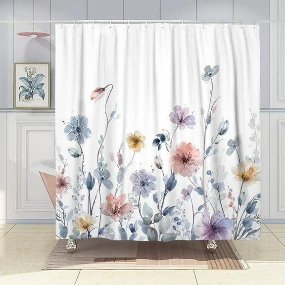 Watercolor Floral Shower Curtain Set, Colorful Flower Shower Curtains for Bathroom Pastel Wildflower Bathroom Decor Polyester Fabric-72" x 72"